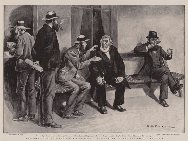 President Kruger tar imot besøkende på verandaen ved presidentskapet, Pretoria av Charles Edwin Fripp
