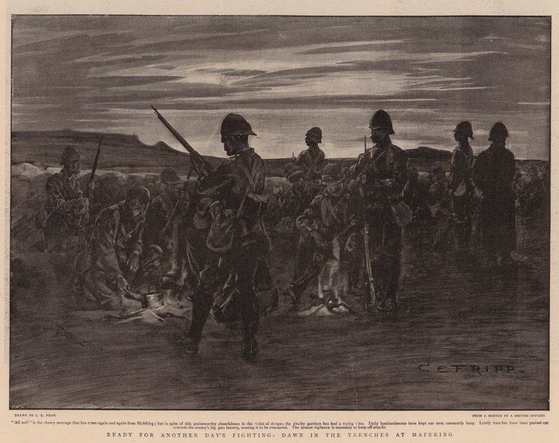 Klar for en ny dags kamp, daggry i skyttergravene ved Mafeking av Charles Edwin Fripp