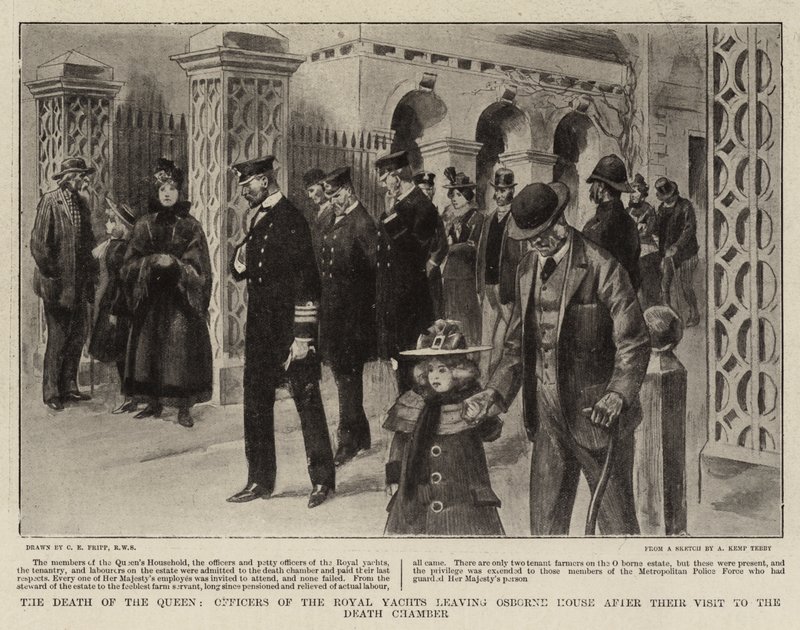 Dronningens død, offiserer for Royal Yachts som forlater Osborne House etter deres besøk i Death Chamber av Charles Edwin Fripp