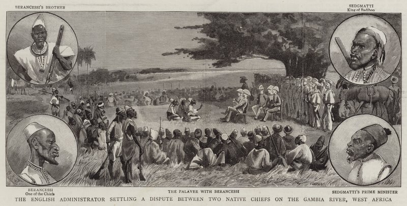 Den engelske administratoren avgjør en tvist mellom to innfødte høvdinger ved elven Gambia, Vest-Afrika av Charles Edwin Fripp