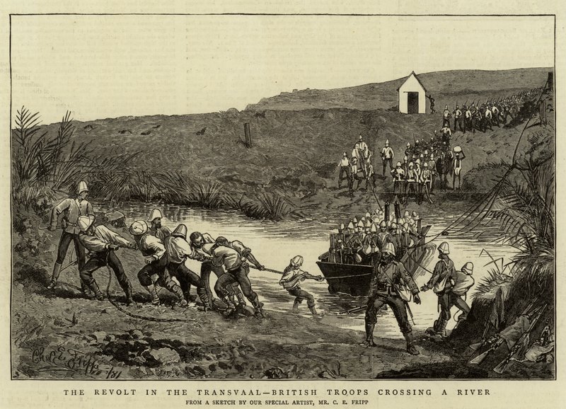 Opprøret i Transvaal, britiske tropper krysser en elv av Charles Edwin Fripp