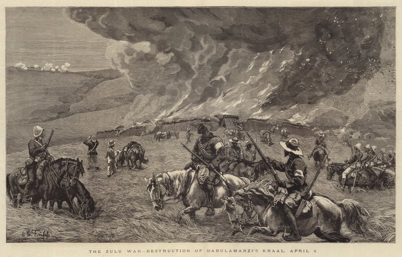Zulu-krigen, ødeleggelse av Dabulamanzis Kraal, 4. april av Charles Edwin Fripp