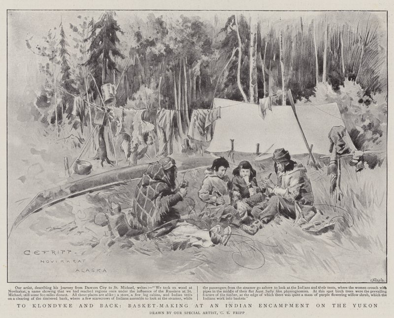 Til Klondyke og tilbake, basket-making på et indisk leirsted på Yukon av Charles Edwin Fripp