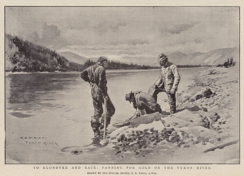 Til Klondyke og tilbake, panorering for gull på Yukon River av Charles Edwin Fripp