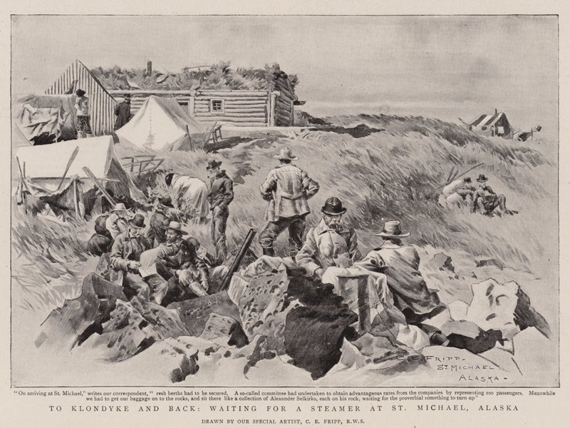 Til Klondyke og tilbake, venter på en dampbåt i St Michael, Alaska av Charles Edwin Fripp