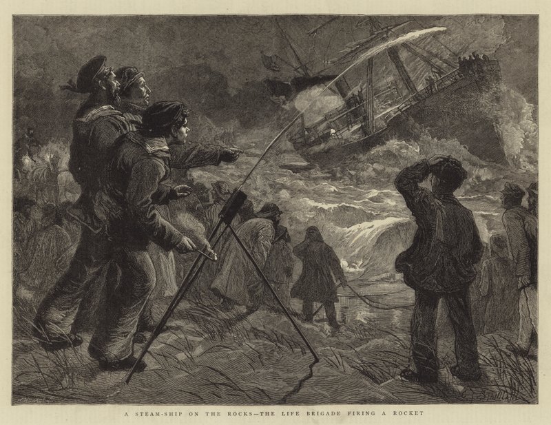Et Steam-Ship on the Rocks, Life Brigade avfyrer en rakett av Charles J. Staniland