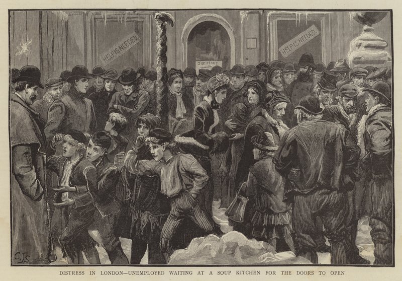 Nød i London, arbeidsledig venter på et suppekjøkken på at dørene skal åpne av Charles J. Staniland