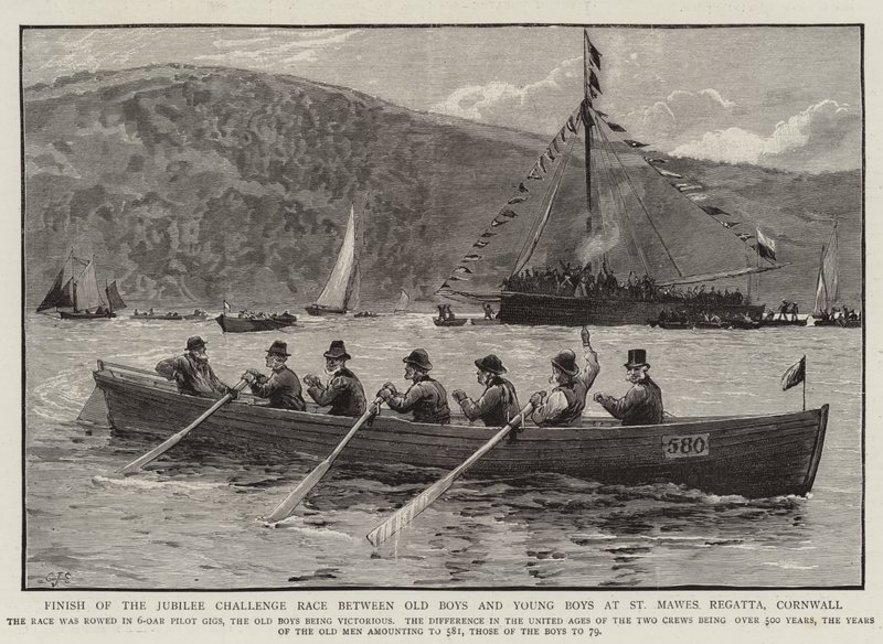 Avslutning på Jubilee Challenge Race mellom Old Boys og Young Boys på St Mawes Regatta, Cornwall av Charles J. Staniland