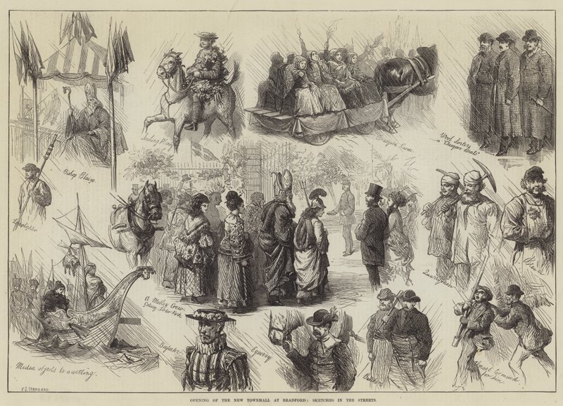 Åpning av det nye rådhuset i Bradford, Sketches in the Streets av Charles J. Staniland