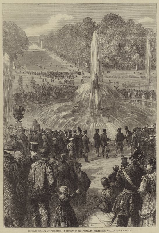 Preussisk royalty i Versailles, en visning av fontenene foran kong William og hans stab av Charles J. Staniland