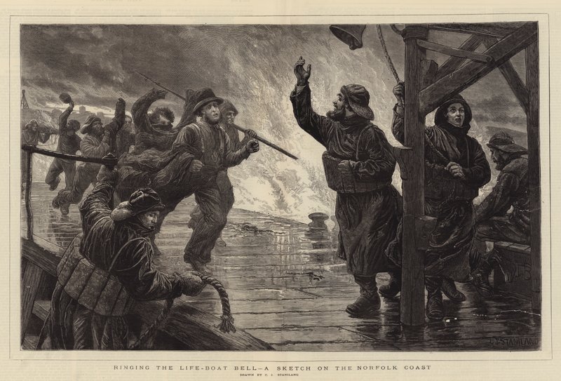 Ringer livbåtklokken, en skisse på Norfolkkysten av Charles J. Staniland