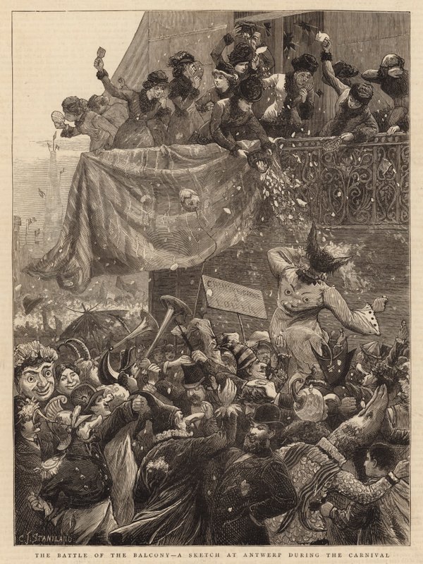 The Battle of the Balcony, en skisse ved Antwerpen under karnevalet av Charles J. Staniland