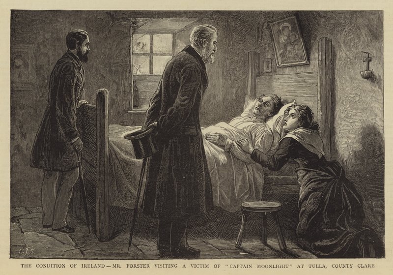 The Condition of Ireland, Mr Forster besøker et offer for Captain Moonlight i Tulla, County Clare av Charles J. Staniland