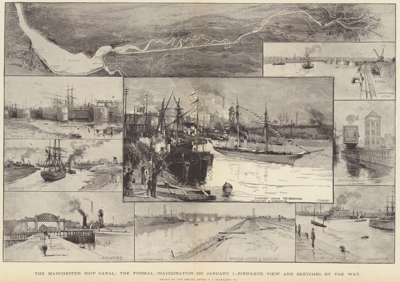 Manchester Ship Canal, den formelle innvielsen 1. januar av Charles J. Staniland