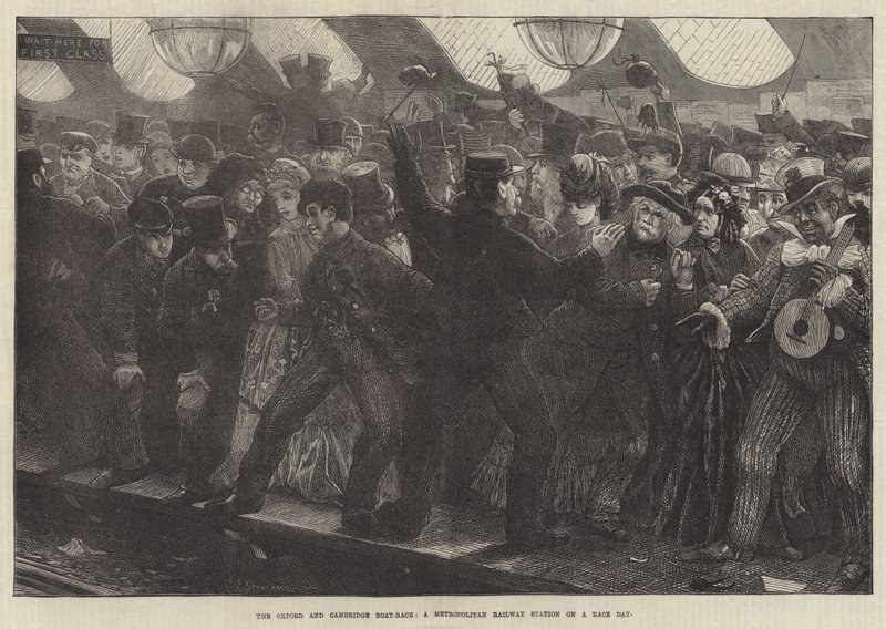 Oxford og Cambridge Boat-Race, en Metropolitan Railway Station på en løpsdag av Charles J. Staniland