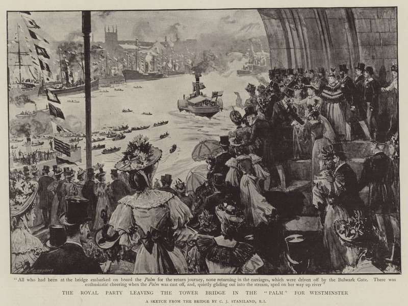Royal Party forlater Tower Bridge i Palm for Westminster av Charles J. Staniland