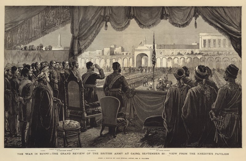 Krigen i Egypt, den store gjennomgangen av den britiske hæren i Kairo, 30. september, utsikt fra Khedives paviljong av Charles J. Staniland