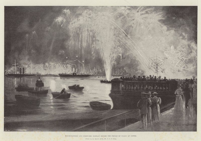 Belysninger og fyrverkeri foran prinsen av Wales på Cowes av Charles John de Lacy