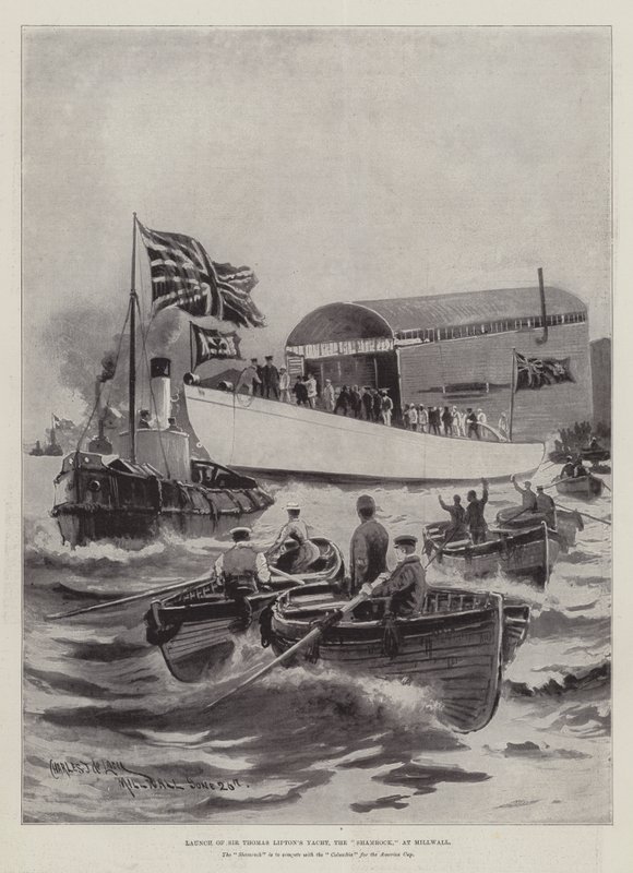 Lansering av Sir Thomas Liptons Yacht, Shamrock, ved Millwall av Charles John de Lacy