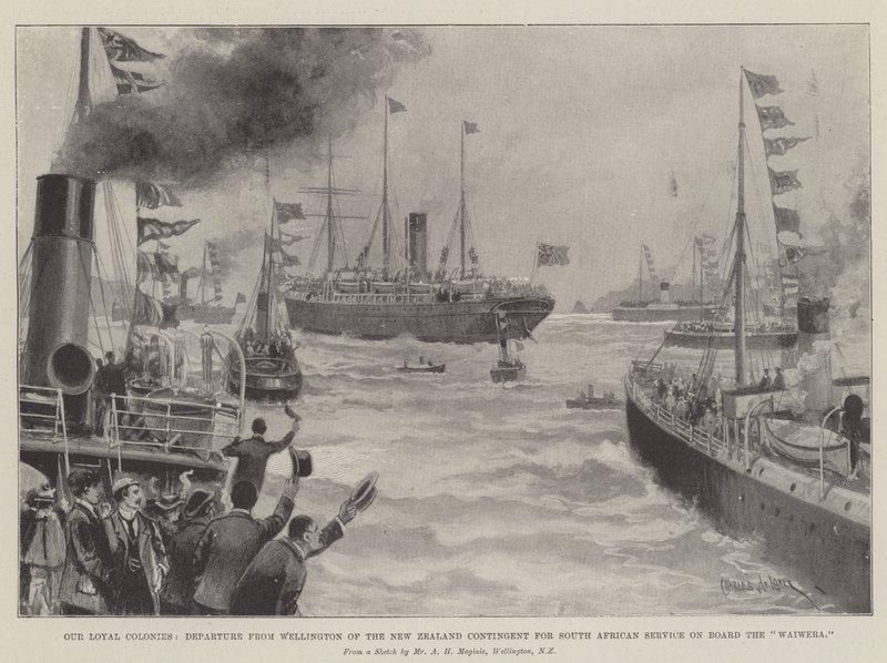 Våre lojale kolonier, avgang fra Wellington fra New Zealand-kontingenten for sørafrikansk tjeneste om bord på Waiwera av Charles John de Lacy