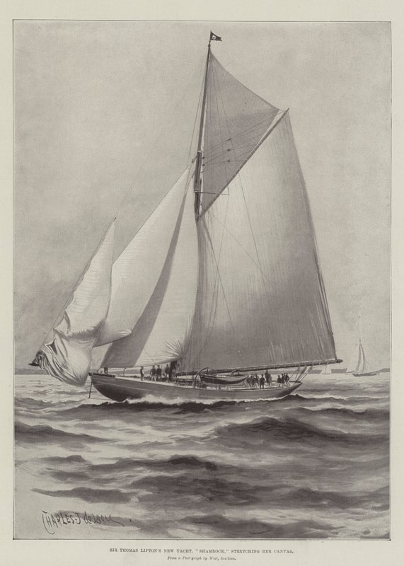 Sir Thomas Liptons nye yacht, Shamrock, strekker lerretet hennes av Charles John de Lacy