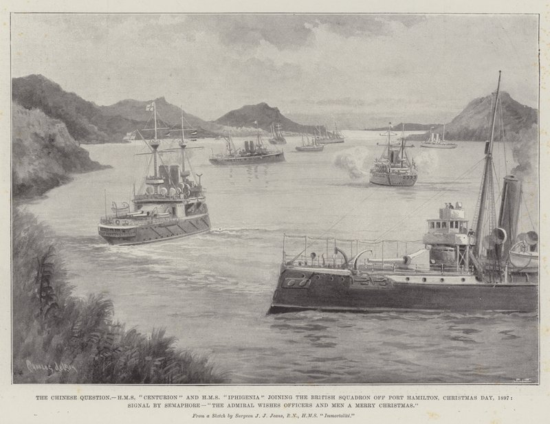 The Chinese Question, HMS Centurion og HMS Iphigenia slutter seg til den britiske skvadronen utenfor Port Hamilton, juledag, 1897, Signal by Semaphore, Admiralen ønsker offiserer og menn en god jul av Charles John de Lacy
