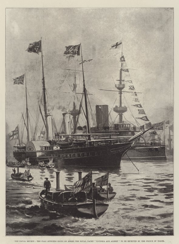 Naval Review, flaggoffiserene som går om bord på Royal Yacht Victoria og Albert for å bli mottatt av prinsen av Wales av Charles John de Lacy