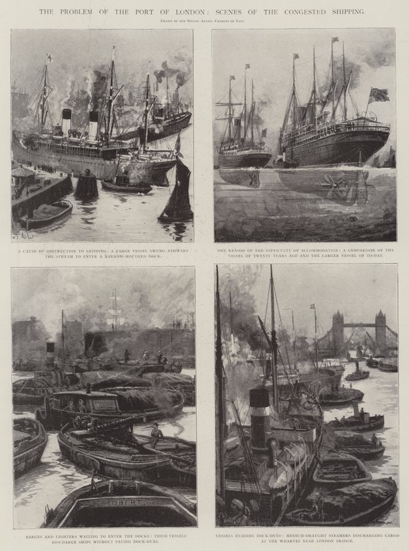 Problemet med havnen i London, scener med overbelastede skipsfart av Charles John de Lacy