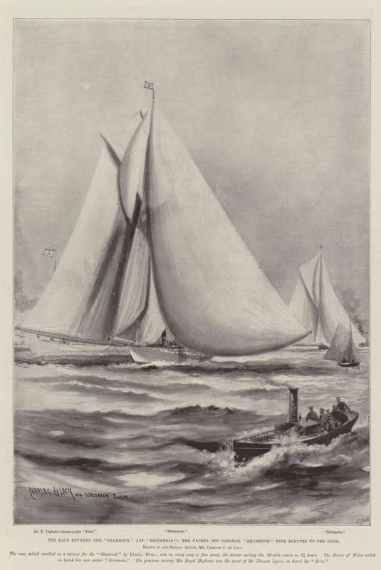 Kappløpet mellom Shamrock og Britannia, yachtene utenfor Osborne, Shamrock Nine Minutes to the Good av Charles John de Lacy