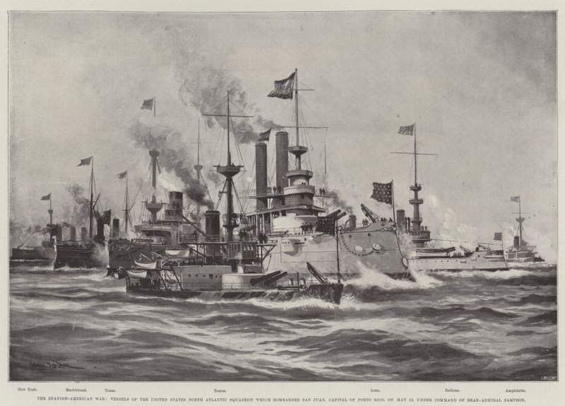 Den spansk-amerikanske krigen, fartøyer fra USAs nordatlantiske skvadron som bombarderte San Juan, hovedstaden i Porto Rico, 12. mai, under kommando av kontreadmiral Sampson av Charles John de Lacy