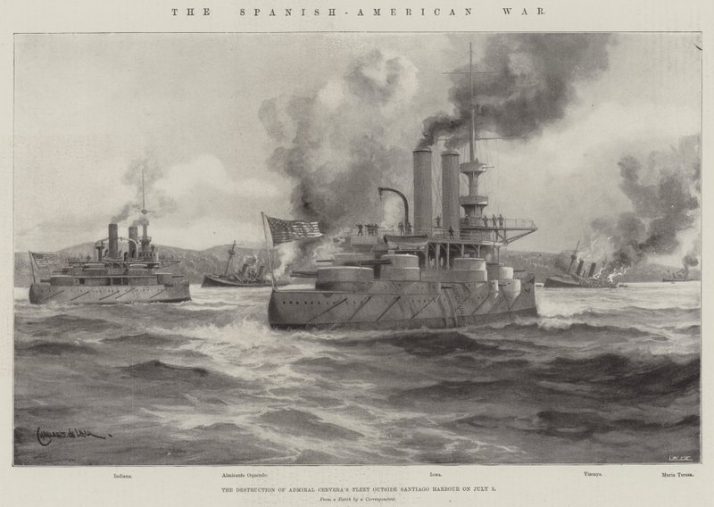 Den spansk-amerikanske krigen, ødeleggelsen av admiral Cerveras flåte utenfor Santiago havn 3. juli av Charles John de Lacy