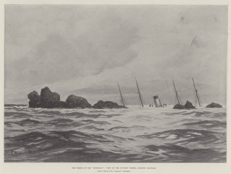 The Wreck of the Mohegan, utsikt over det sunkne fartøyet, med utsikt mot havet av Charles John de Lacy