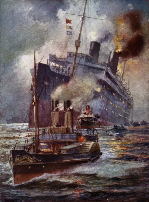 Torpedert rutebåt assistert i havn av Charles John de after Lacy