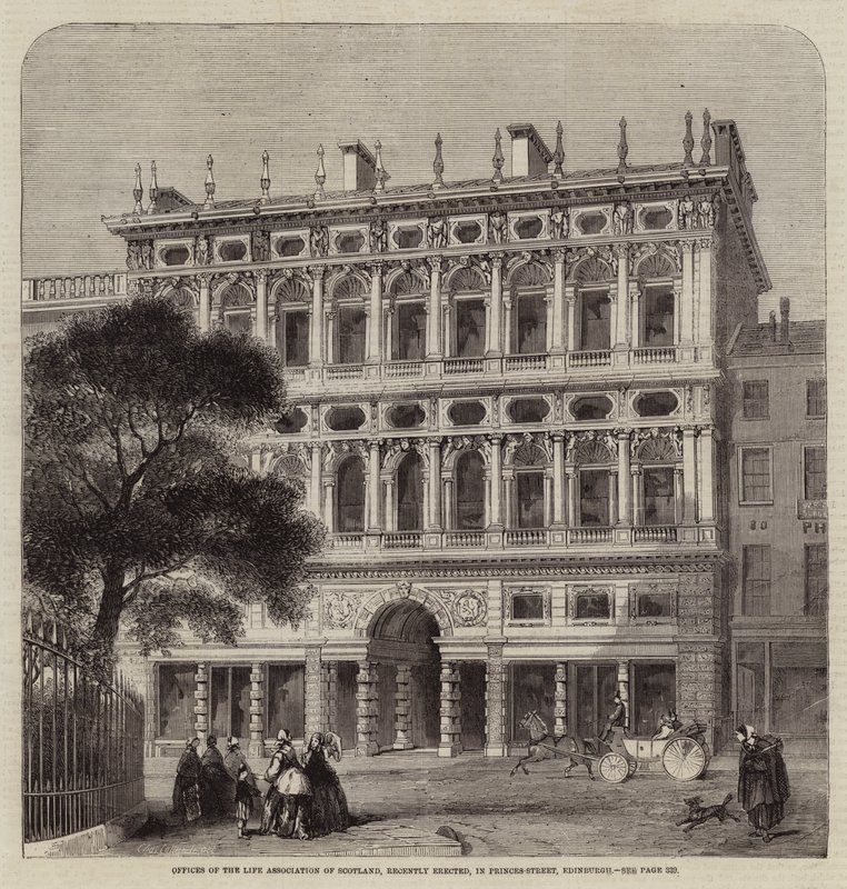Kontorer til Life Association of Scotland, nylig oppført, i Princes-Street, Edinburgh av Charles Landelle