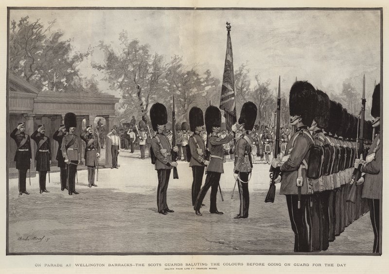 På parade i Wellington Barracks, hyller de skotske vaktene til fargene før de går på vakt for dagen av Charles Morel