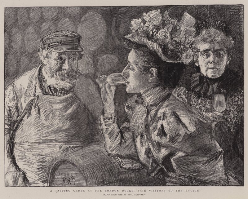 En smakebestilling ved London Docks, messebesøkende til hvelvene av Charles Paul Renouard