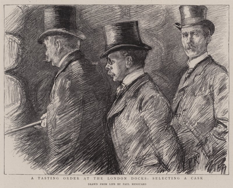 En smakebestilling ved London Docks, velge et fat av Charles Paul Renouard