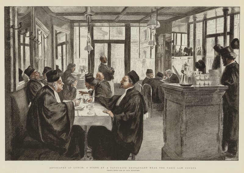 Advokater ved lunsj, en scene på en favorittrestaurant nær Paris Law Courts (chromolitho) av Charles Paul Renouard