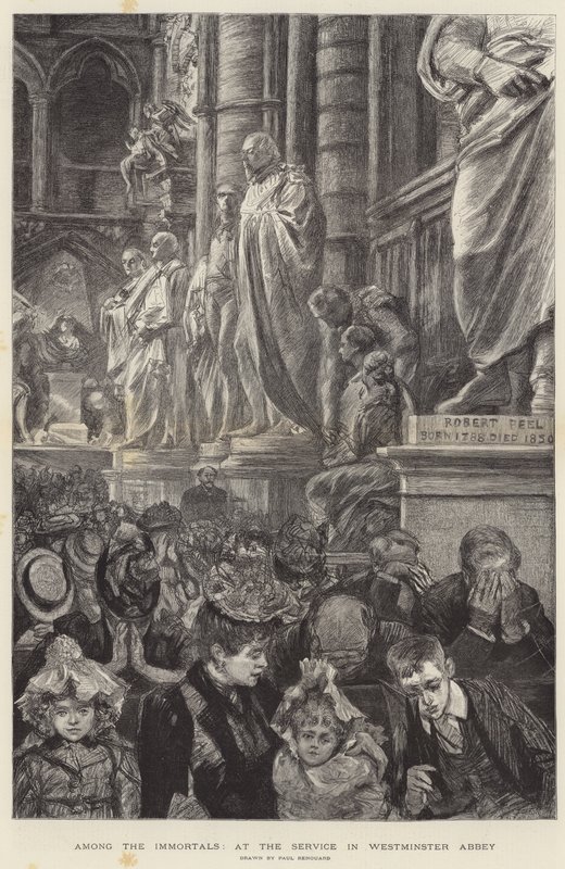 Blant The Immortals, ved gudstjenesten i Westminster Abbey gravering av Charles Paul Renouard