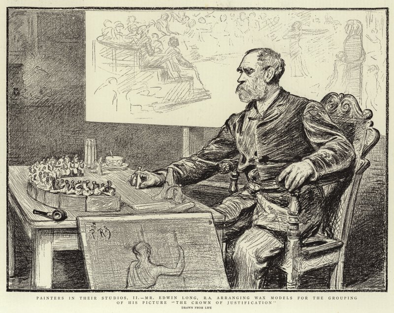 Malere i studioene deres, II, Mr Edwin Long, RA, arrangerer voksmodeller for grupperingen av hans bilde The Crown of Justification av Charles Paul Renouard
