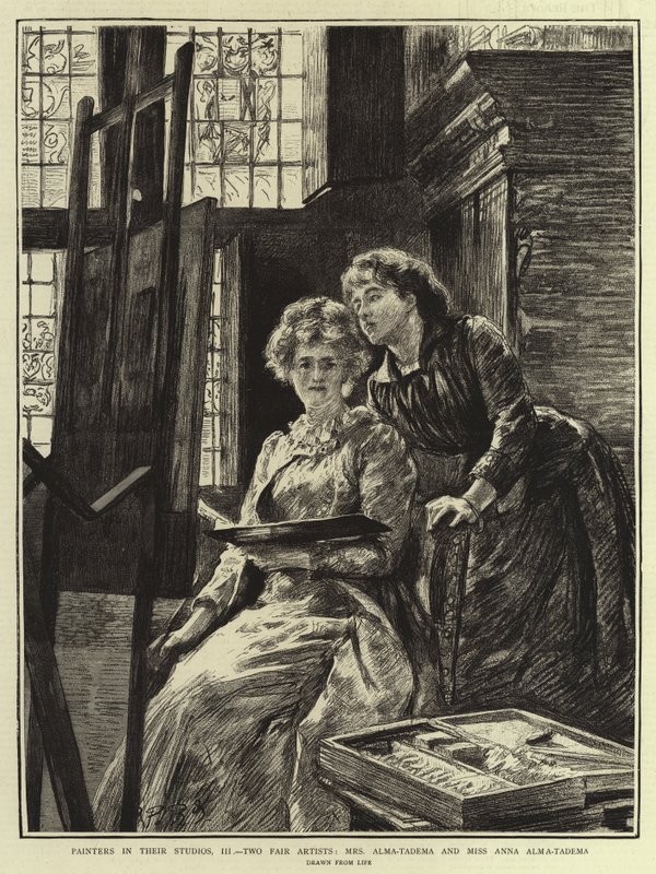 Malere i studioene deres, III, Two Fair Artists, Mrs Alma-Tadema og Miss Anna Alma-Tadema av Charles Paul Renouard
