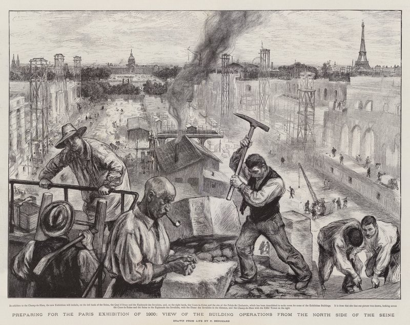 Forbereder til Paris-utstillingen i 1900, utsikt over bygningsdriften fra nordsiden av Seinen av Charles Paul Renouard