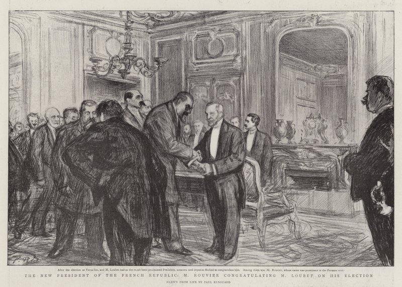 Den franske republikkens nye president, M Rouvier, gratulerer M Loubet med valget av Charles Paul Renouard