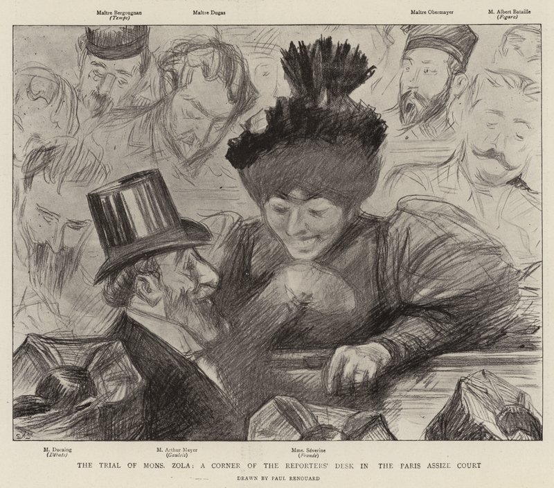 Rettssaken mot Mons Zola, et hjørne av journalistens skrivebord i Paris Assize Court av Charles Paul Renouard