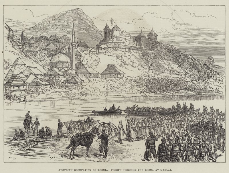 Østerriksk okkupasjon av Bosnia, tropper krysser Bosna ved Maglai av Sir John Charles Robinson