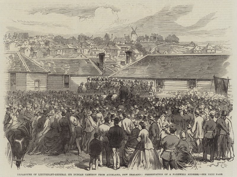 Avgang til generalløytnant Sir Duncan Cameron fra Auckland, New Zealand, presentasjon av en avskjedsadresse av Sir John Charles Robinson