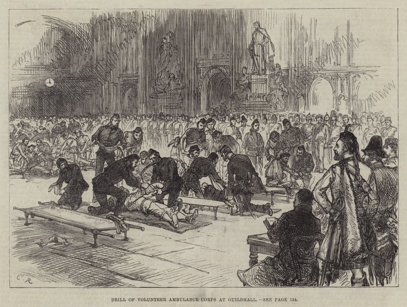 Drill av frivillige ambulansekorps på Guildhall av Sir John Charles Robinson