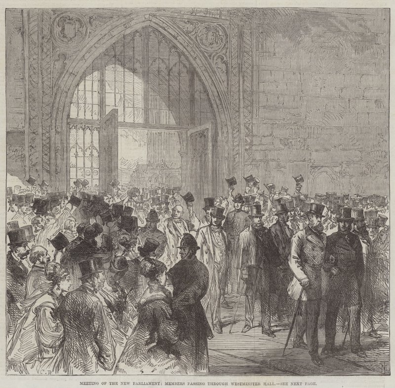 Møte i det nye parlamentet, medlemmer som går gjennom Westminster Hall av Sir John Charles Robinson