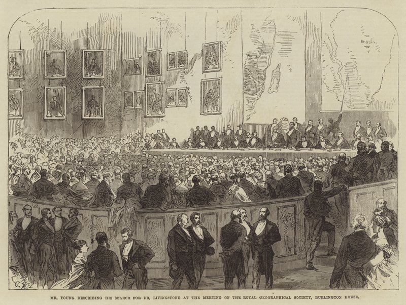 Mr Young beskrev søket etter Dr Livingstone på møtet til Royal Geographical Society, Burlington House av Sir John Charles Robinson