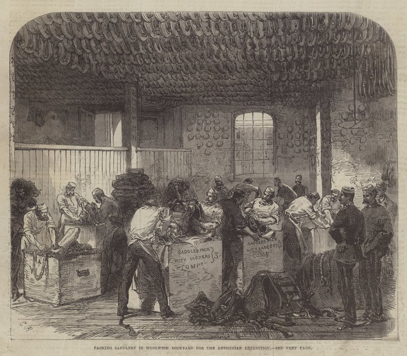 Pakking av salmakeri i Woolwich Dockyard for Abyssinian Expedition av Sir John Charles Robinson